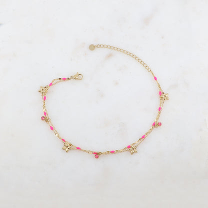 Chaîne de cheville 2 rangs avec pièces émaillées, fleurs et pampilles rondes serties d'un strass (21+5CM)