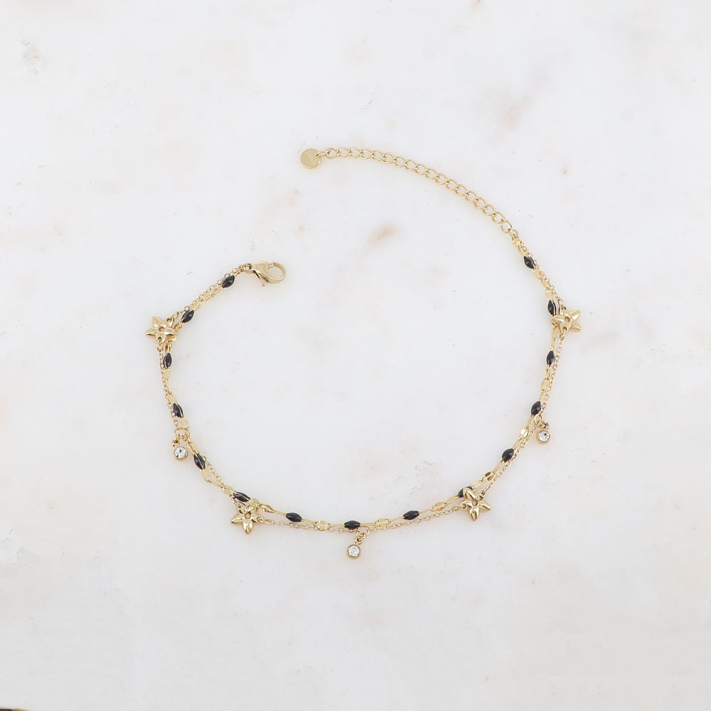 Chaîne de cheville 2 rangs avec pièces émaillées, fleurs et pampilles rondes serties d'un strass (21+5CM)