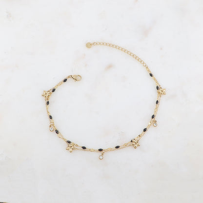 Chaîne de cheville 2 rangs avec pièces émaillées, fleurs et pampilles rondes serties d'un strass (21+5CM)