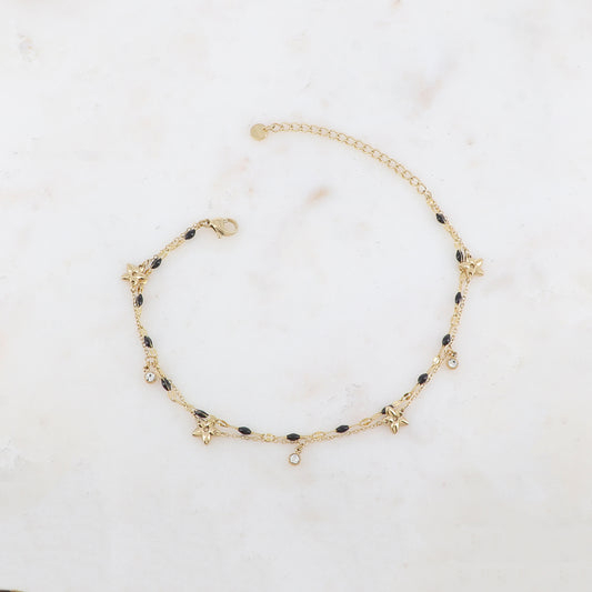 Chaîne de cheville 2 rangs avec pièces émaillées, fleurs et pampilles rondes serties d'un strass (21+5CM)