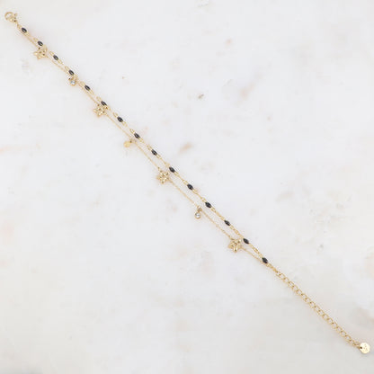Chaîne de cheville 2 rangs avec pièces émaillées, fleurs et pampilles rondes serties d'un strass (21+5CM)