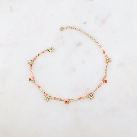 Chaîne de cheville 2 rangs avec pièces émaillées, fleurs et pampilles rondes serties d'un strass (21+5CM)