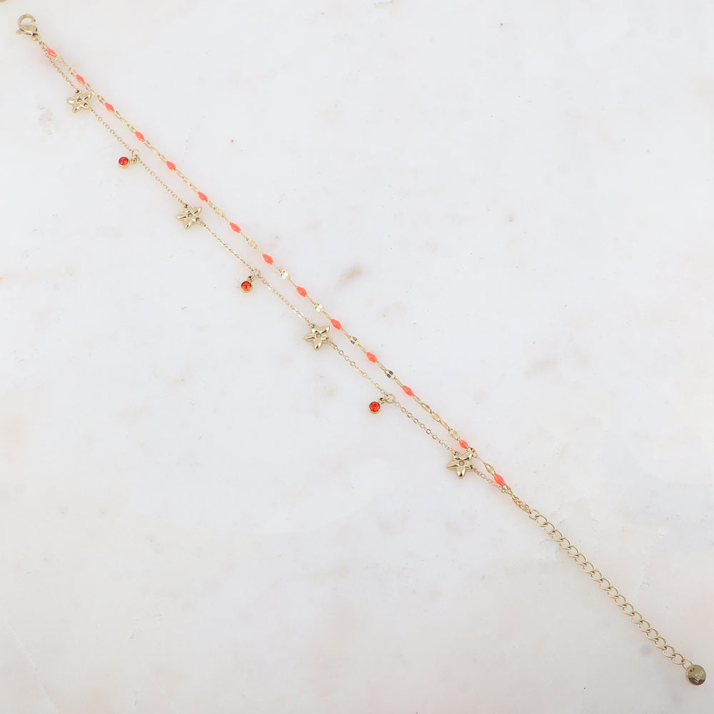 Chaîne de cheville 2 rangs avec pièces émaillées, fleurs et pampilles rondes serties d'un strass (21+5CM)