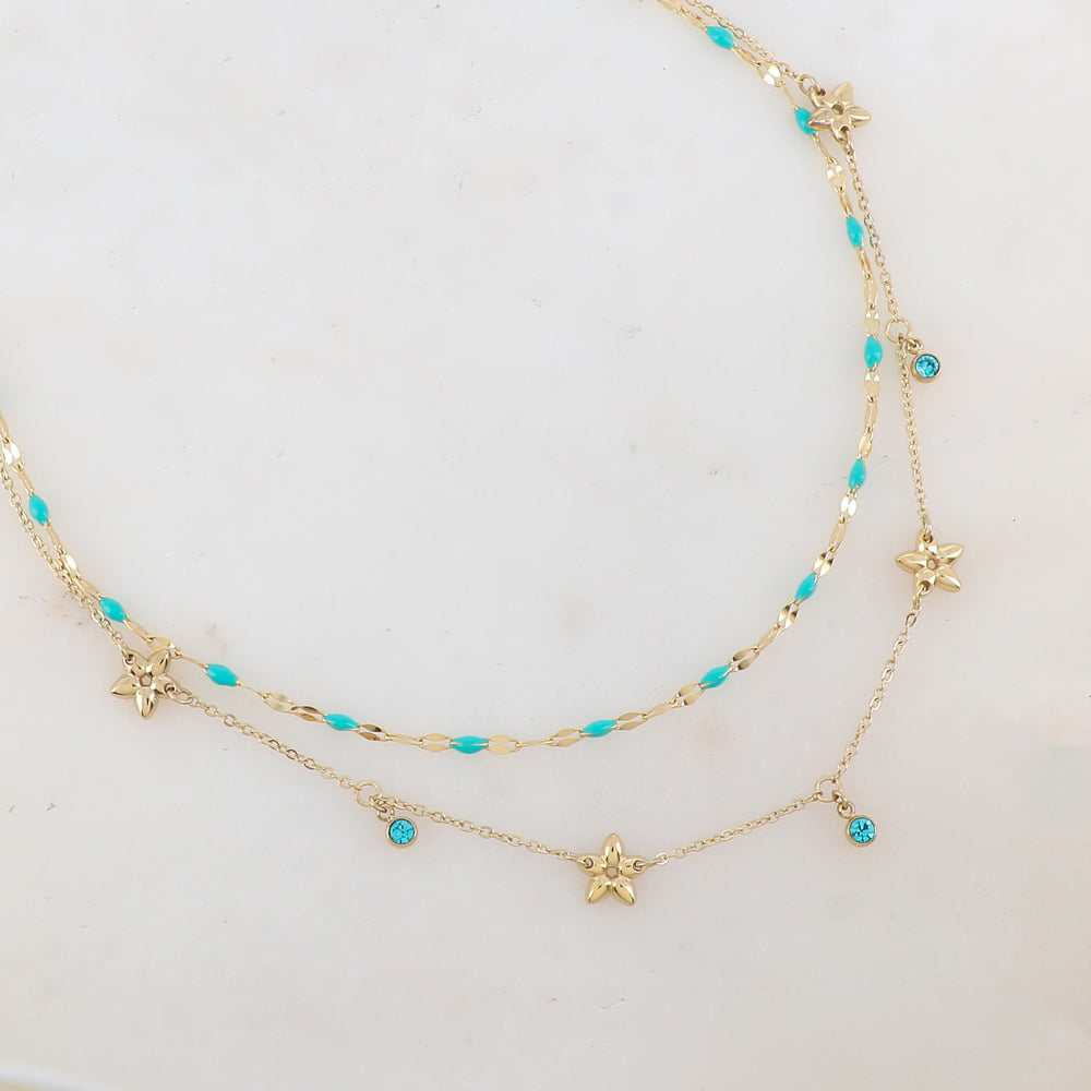 Collier 2 rangs avec pièces émaillées, fleurs et pampilles rondes serties d'un strass (40/42+5CM)
