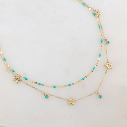 Collier 2 rangs avec pièces émaillées, fleurs et pampilles rondes serties d'un strass (40/42+5CM)