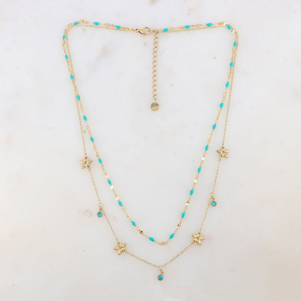 Collier 2 rangs avec pièces émaillées, fleurs et pampilles rondes serties d'un strass (40/42+5CM)