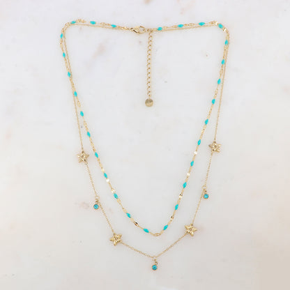 Collier 2 rangs avec pièces émaillées, fleurs et pampilles rondes serties d'un strass (40/42+5CM)
