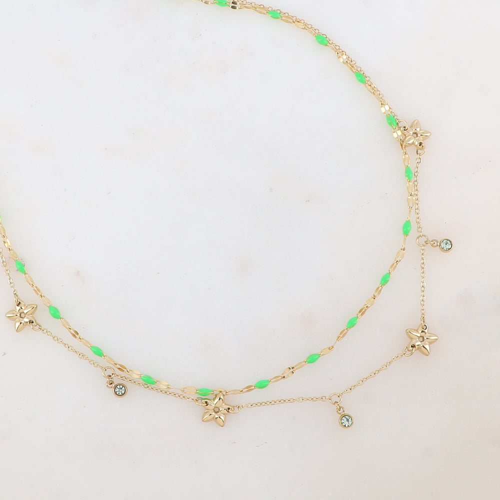 Collier 2 rangs avec pièces émaillées, fleurs et pampilles rondes serties d'un strass (40/42+5CM)