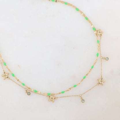 Collier 2 rangs avec pièces émaillées, fleurs et pampilles rondes serties d'un strass (40/42+5CM)