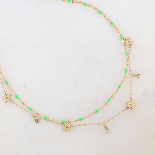 Collier 2 rangs avec pièces émaillées, fleurs et pampilles rondes serties d'un strass (40/42+5CM)