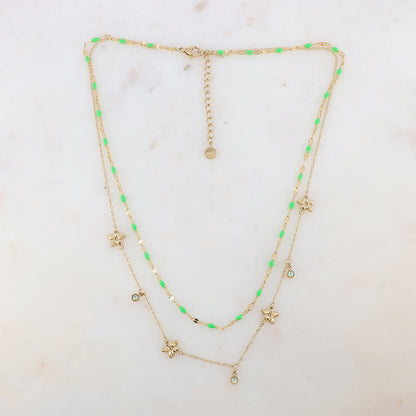 Collier 2 rangs avec pièces émaillées, fleurs et pampilles rondes serties d'un strass (40/42+5CM)
