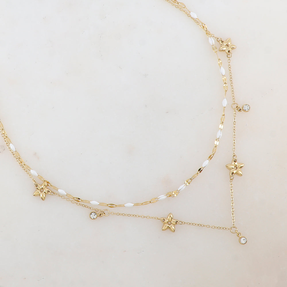Collier 2 rangs avec pièces émaillées, fleurs et pampilles rondes serties d'un strass (40/42+5CM)