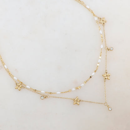 Collier 2 rangs avec pièces émaillées, fleurs et pampilles rondes serties d'un strass (40/42+5CM)