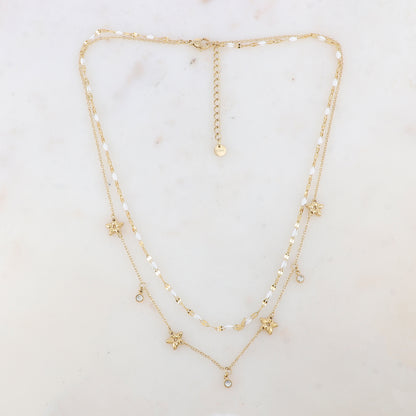 Collier 2 rangs avec pièces émaillées, fleurs et pampilles rondes serties d'un strass (40/42+5CM)