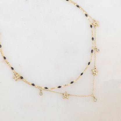 Collier 2 rangs avec pièces émaillées, fleurs et pampilles rondes serties d'un strass (40/42+5CM)