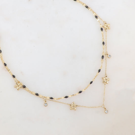 Collier 2 rangs avec pièces émaillées, fleurs et pampilles rondes serties d'un strass (40/42+5CM)