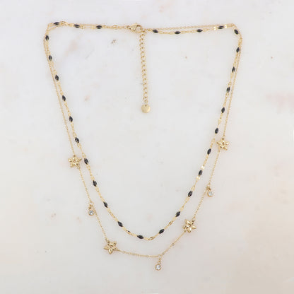 Collier 2 rangs avec pièces émaillées, fleurs et pampilles rondes serties d'un strass (40/42+5CM)