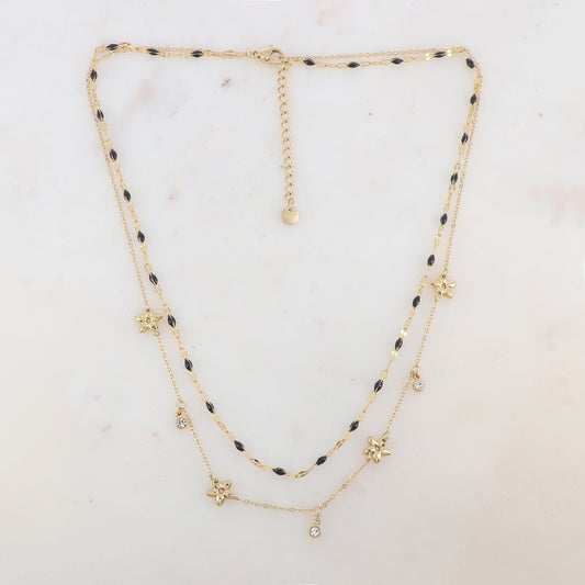 Collier 2 rangs avec pièces émaillées, fleurs et pampilles rondes serties d'un strass (40/42+5CM)