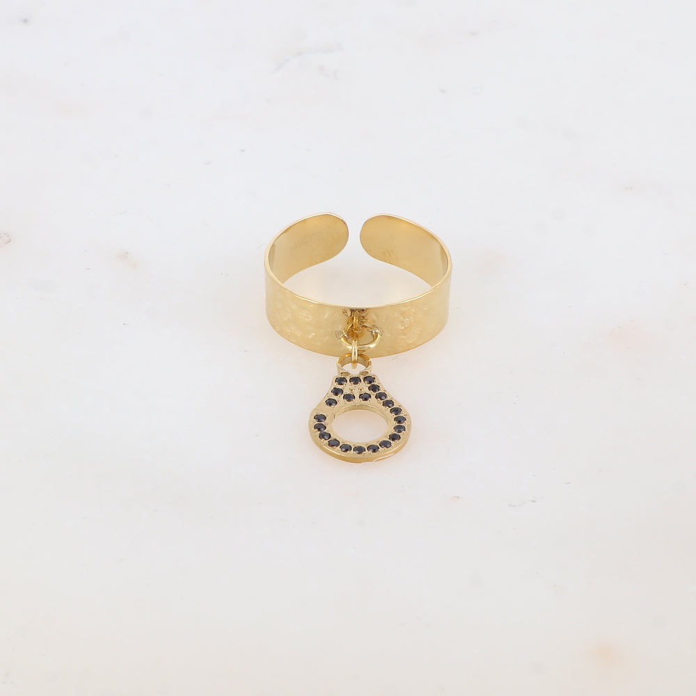 Bague avec pampille menotte et strass - Noir