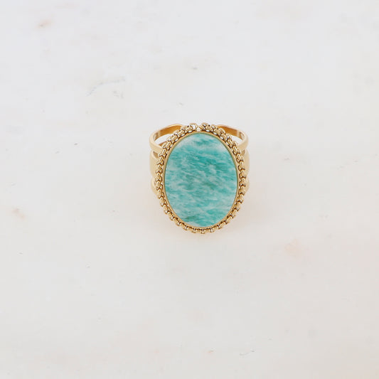 Bague 3 rangs avec pièce ovale et pierre naturelle - Amazonite