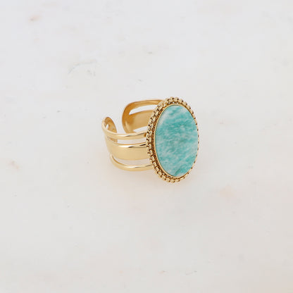 Bague 3 rangs avec pièce ovale et pierre naturelle - Amazonite