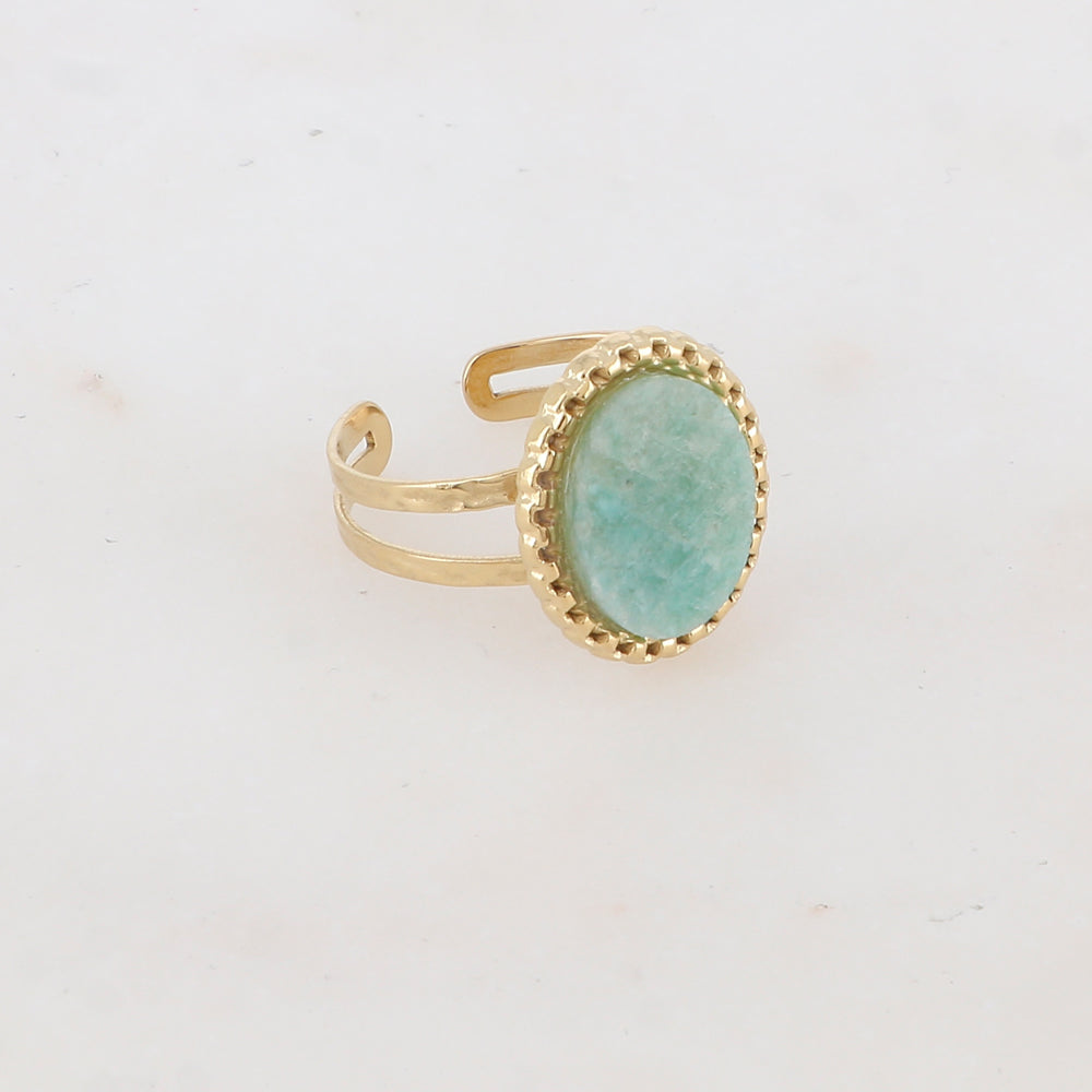 Bague 2 rangs avec pièce ovale, pierre naturelle - Amazonite