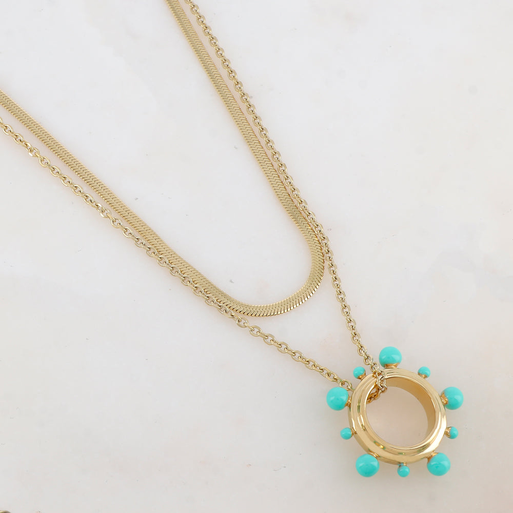 Collier 2 rangs avec pendentif anneau embelli de boules émaillées (40/55+5CM)