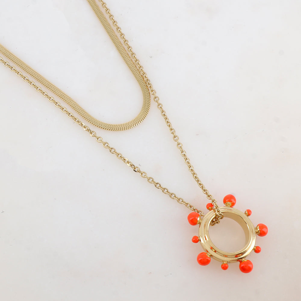 Collier 2 rangs avec pendentif anneau embelli de boules émaillées (40/55+5CM)