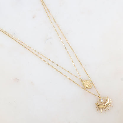 Collier double rangs doré avec deux pendentifs forme œil (40/44+5CM)