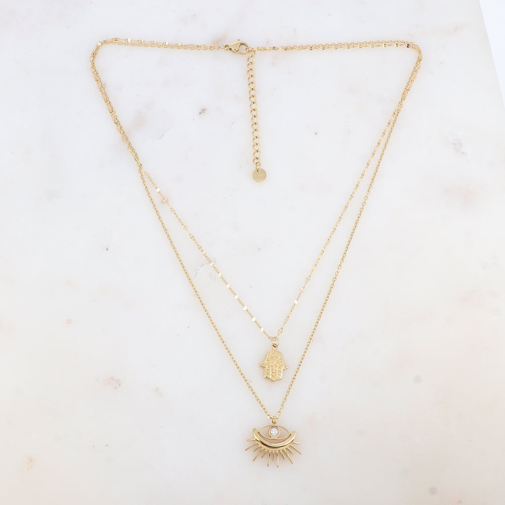 Collier double rangs doré avec deux pendentifs forme œil (40/44+5CM)