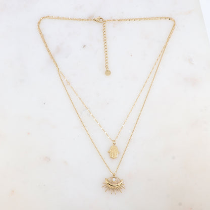 Collier double rangs doré avec deux pendentifs forme œil (40/44+5CM)