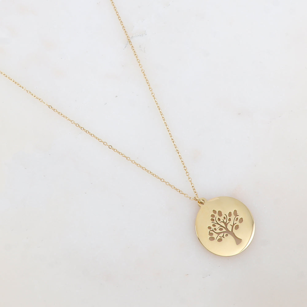 Collier avec pendentif rond lisse ajouré de façon arbre de vie (50+5CM)