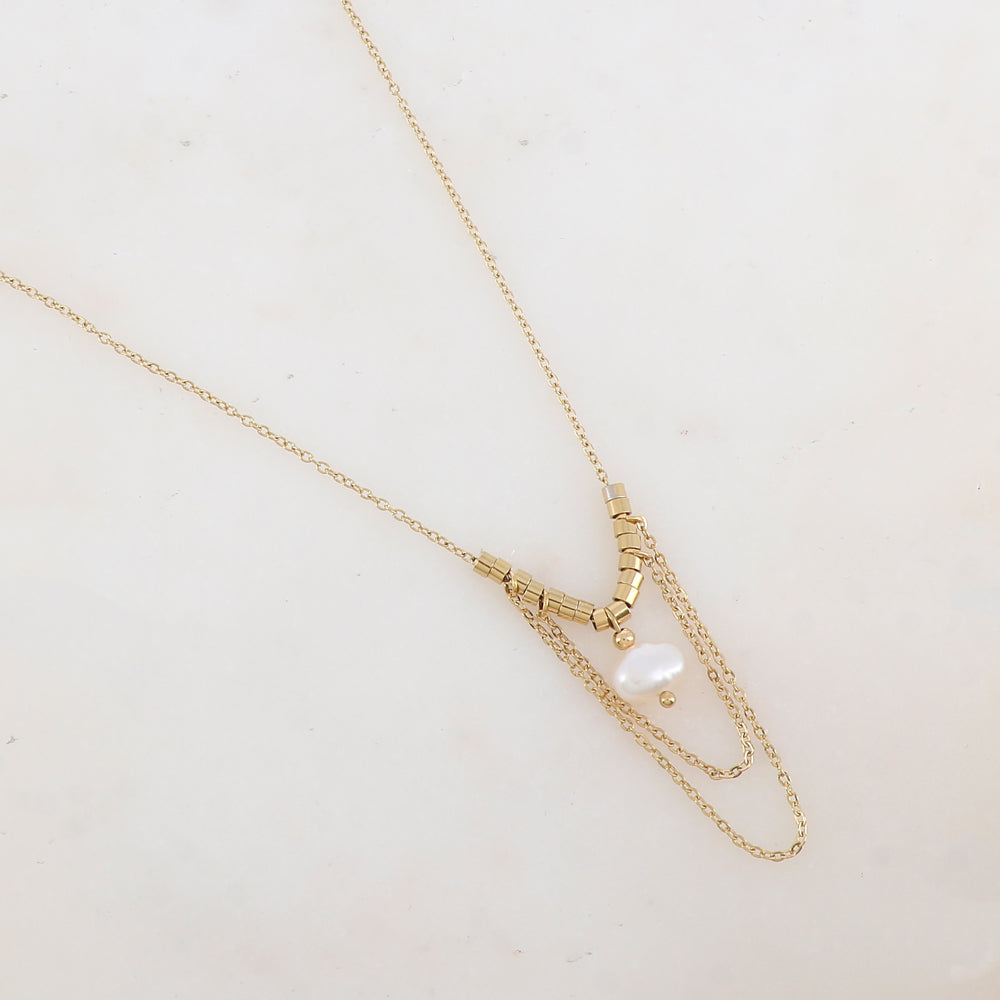 Collier avec chaînes tombantes, petites rondelles et perle d'eau douce (40+5CM)