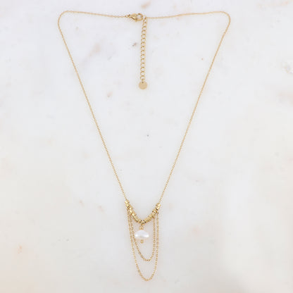 Collier avec chaînes tombantes, petites rondelles et perle d'eau douce (40+5CM)