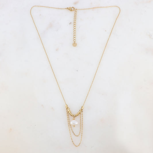 Collier avec chaînes tombantes, petites rondelles et perle d'eau douce (40+5CM)