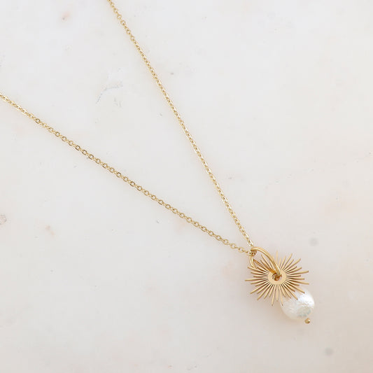 Collier avec anneau, pampille étoile et pendentif en perle d'eau douce (55+5CM)