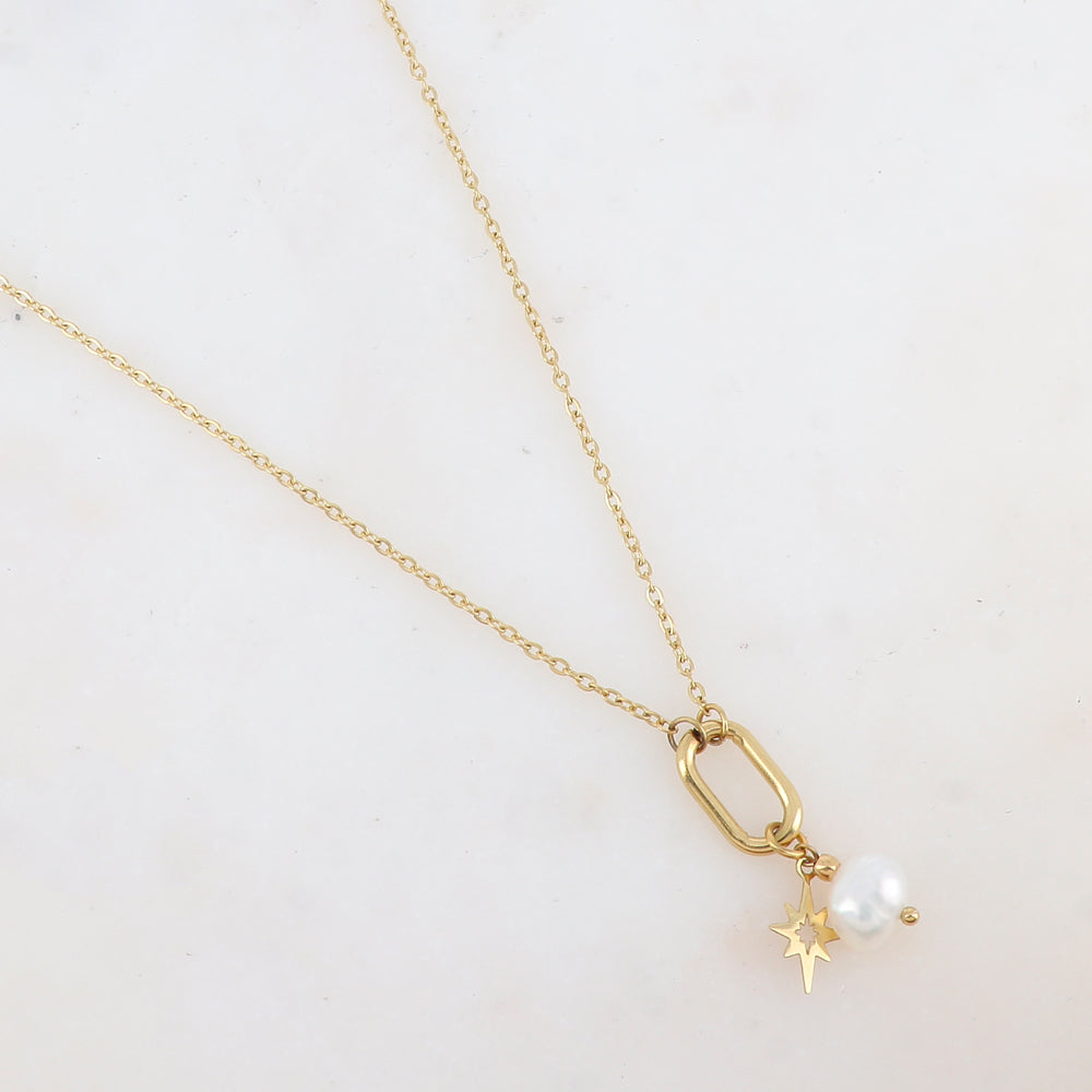 Collier avec anneau ovale, pampille étoile et perle d'eau douce (40+5CM)