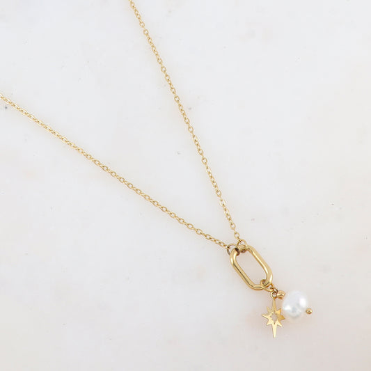 Collier avec anneau ovale, pampille étoile et perle d'eau douce (40+5CM)