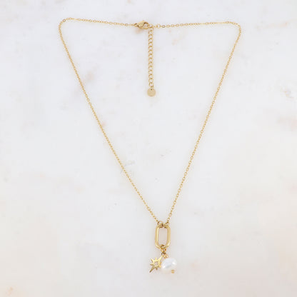 Collier avec anneau ovale, pampille étoile et perle d'eau douce (40+5CM)