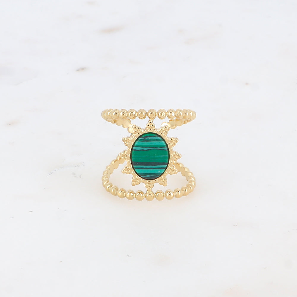 Bague double rangs avec pierre reconstituée ovale - Malachite