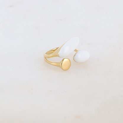 Bague fine avec pièce ronde et 2 pièces ovales émaillées - Blanc