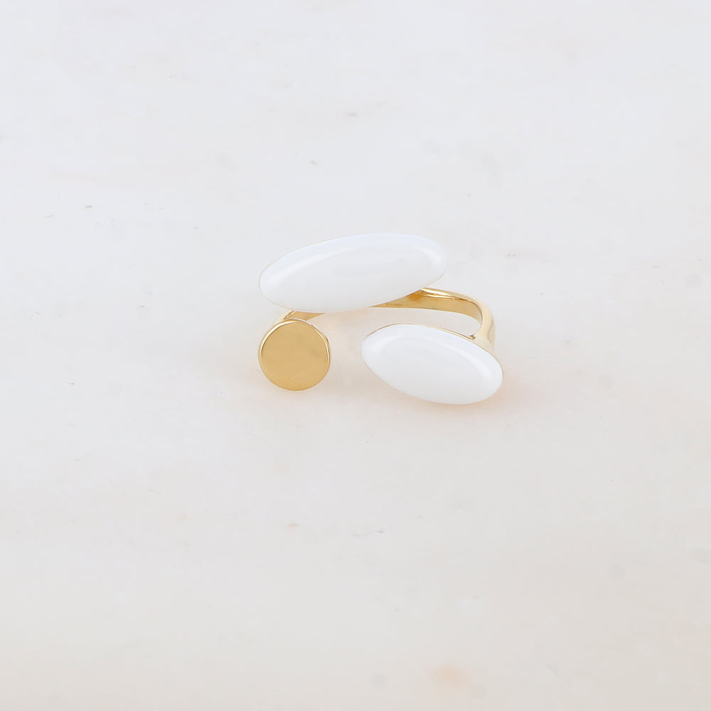 Bague fine avec pièce ronde et 2 pièces ovales émaillées - Blanc