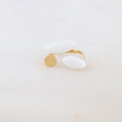 Bague fine avec pièce ronde et 2 pièces ovales émaillées - Blanc