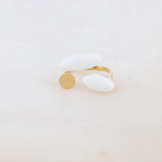 Bague fine avec pièce ronde et 2 pièces ovales émaillées - Blanc