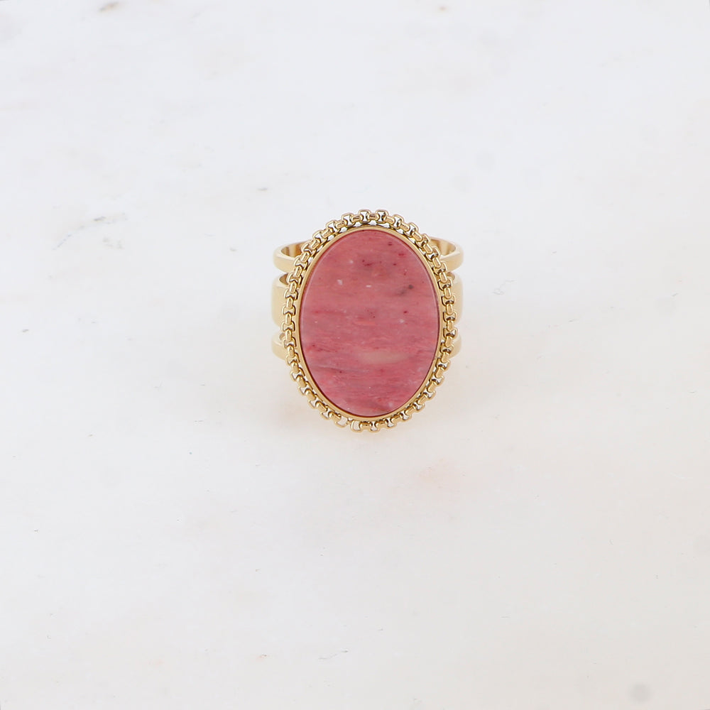 Bague 3 rangs avec pièce ovale et pierre naturelle - Rhodonite