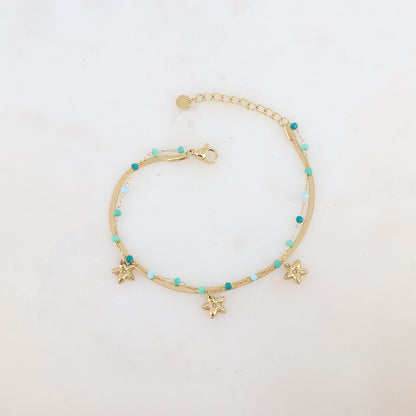 Bracelet 2 rangs avec maille miroir, pâtes de verres et pampilles fleurs