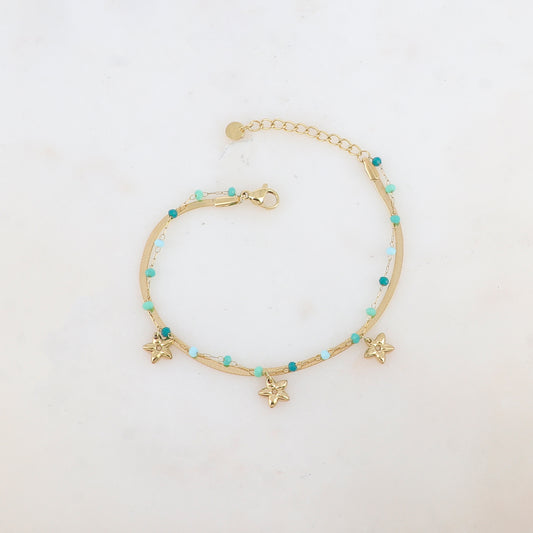 Bracelet 2 rangs avec maille miroir, pâtes de verres et pampilles fleurs