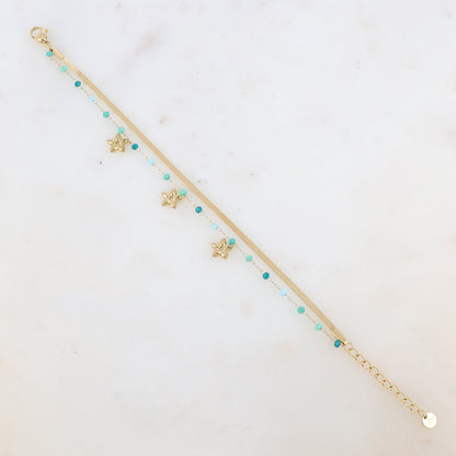 Bracelet 2 rangs avec maille miroir, pâtes de verres et pampilles fleurs