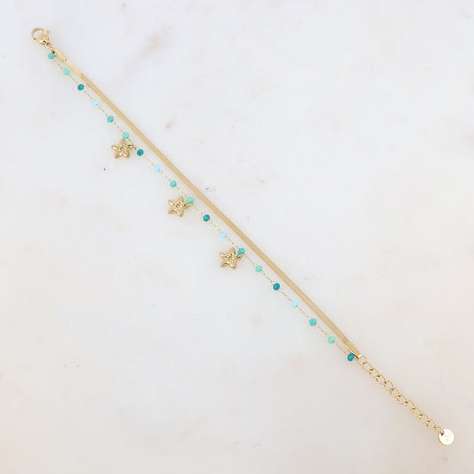 Bracelet 2 rangs avec maille miroir, pâtes de verres et pampilles fleurs
