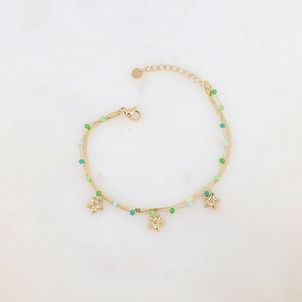Bracelet 2 rangs avec maille miroir, pâtes de verres et pampilles fleurs